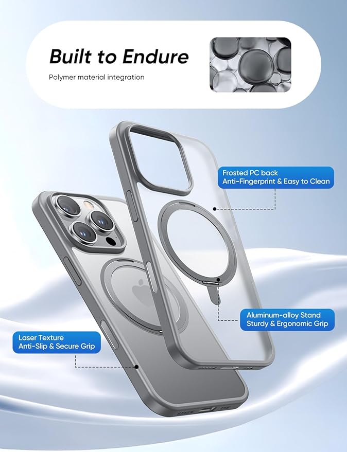 MAGIC JOHN 360° Rotatable Magnetic Invisible Stand for iPhone 16 Pro Max Case [Camera Control Button] [Compatible with MagSafe] 16FT Shockproof for iPhone 16 Pro Max Case with Kickstand Gray
