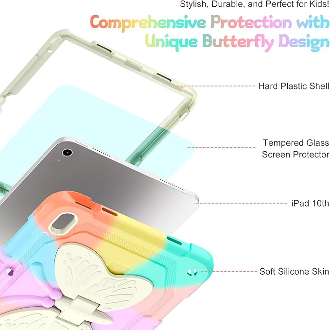 Case for iPad (A16) 11th/10th Generation (2025/2022) 11/10.9 for Kids Girls with 9H Tempered Glass Screen Protector Butterfly Stand Carrying Strap Shockproof - Colorful