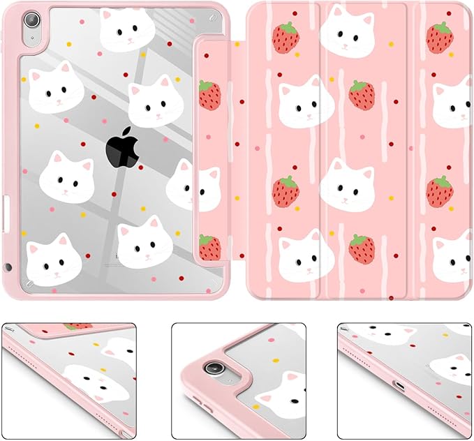 Case for iPad 11 inch A16 2025 Generation 11th / iPad 10.9 inch 2022 10th Gen Buit in Pencil Holder with Shockproof Cover Clear Transparent Back Shell Auto Wake/Sleep Cat Strawberry