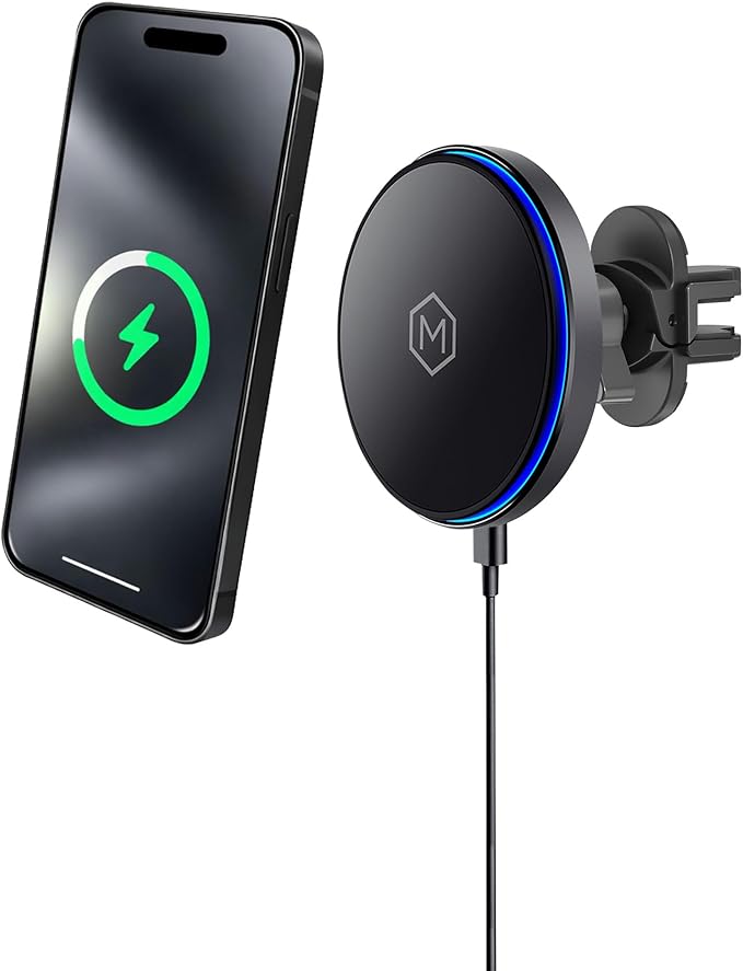 Mag Switch Qi2 Mag Safe Wireless Car Charger Air Vent Mount 15W Fast Charger with a built in on/off switch for charging Strong N52 Magnets Compatible with iPhone 14/15/16/17 Iphone Air
