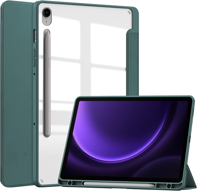 for Samsung Galaxy Tab S10 Lite/ S10 FE/ S9 FE 10.9 Inch Tri-Fold Smart Tablet Case with Pen Holder Shockproof Protective Cover W Transparent Back Shell Auto Wake/SleepGreen