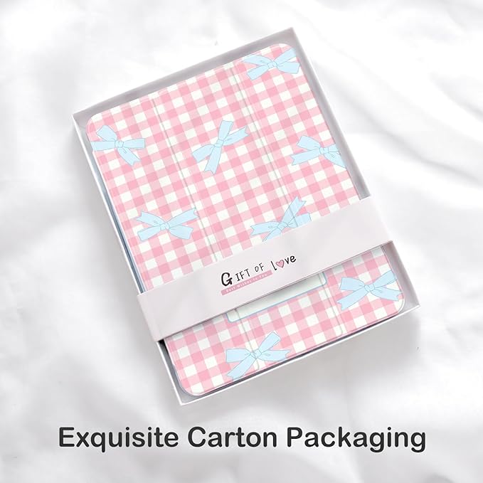 Cute Kawaii Bow Plaid for iPad Pro 11 Inch Case (M5/M4) 2025/2024 with Pencil Holder Auto Sleep/Wake Pink Leather Clear Acrylic Back Cover