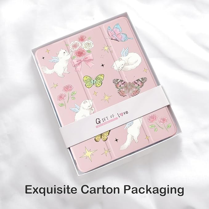 Cute Kawaii Kitten Butterfly for iPad Pro 11 Inch Case (M5/M4) 2025/2024 with Pencil Holder Auto Sleep/Wake Pink Leather Soft TPU Back Cover