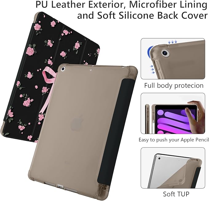 Cute Pink Bow Floral for iPad 7th/8th/9th Generation Case with Pencil Holder Auto Sleep/Wake Black Leather Soft TPU Back Cover for iPad 10.2 Inch 2019/2020/2021