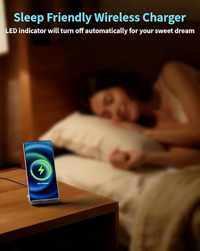 Wireless Charger Stand 15W Fast Phone Wireless Charging Stand Station with 20W USB C Brick for Samsung W26/S25 Ultra/S24+/S23/S22+/S21 iPhone Air/17 Pro Max/16/15/14/13/12 with Sleep-Friendly Light
