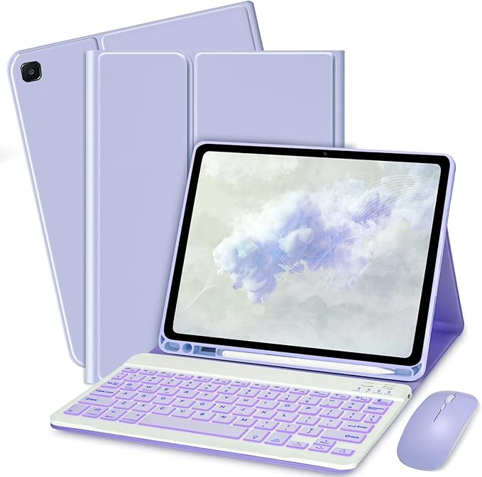 Keyboard Case for Amzaon Fire HD 10/10+ Plus (11/13th Generation) Case with Keyboard - 7 Colors Backlit Keyboard Protective Case and Mouse (Light Purple)