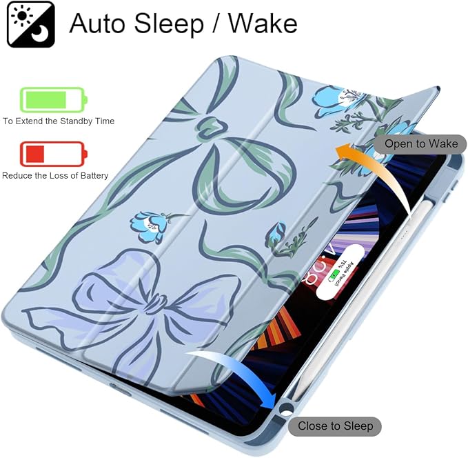 Mektron Case for iPad Pro 11 inch (4th 3rd 2nd &amp 1st Gen) 2022 2021 2020 2018 Buit in Pencil Holder with Shockproof Cover Clear Shell + Trifold Stand + Auto Wake/Sleep Bows C355
