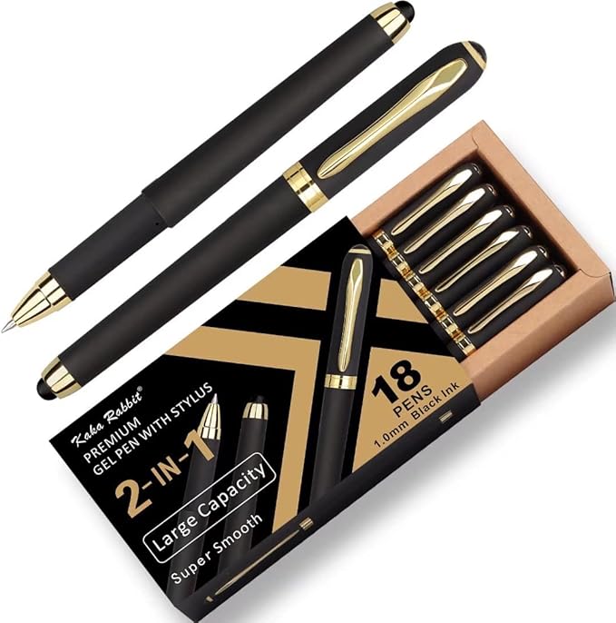 Gel Ink Rollerball Stylus Pen - 18 Pack1.0mm Gel Pen Bold Point2 in 1 Capacitive Stylus PenLarge Capacity Black InkWriting Smoothly for OfficeBusinessGiftMetal Gold Clip