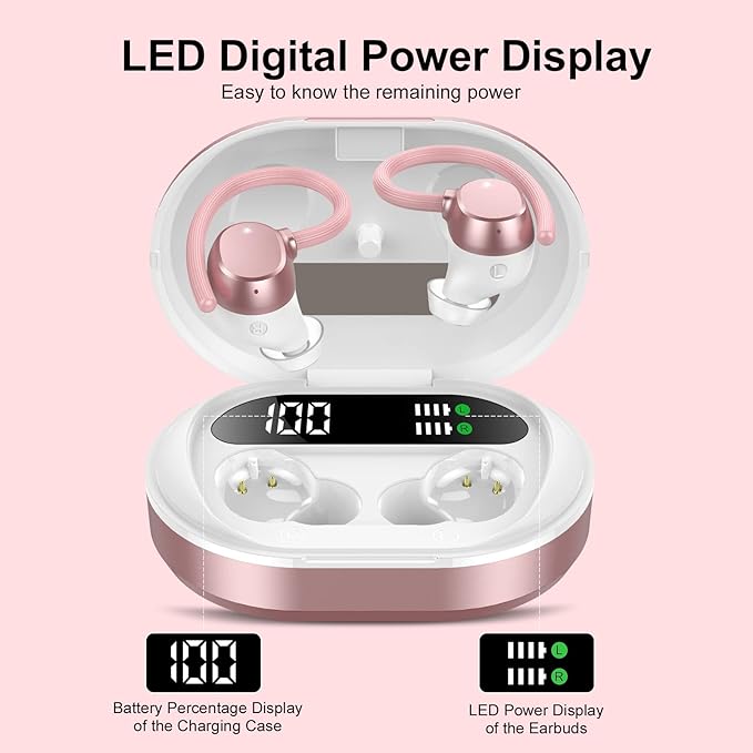 Ear Buds Wireless Earbuds HiFi Stereo Bluetooth 5.3 Running Headphones with Dual LED Display 30Hrs Playtime Built-in Mic Type-C in-Ear Bluetooth Earphones with Earhooks for Sport Rose Gold