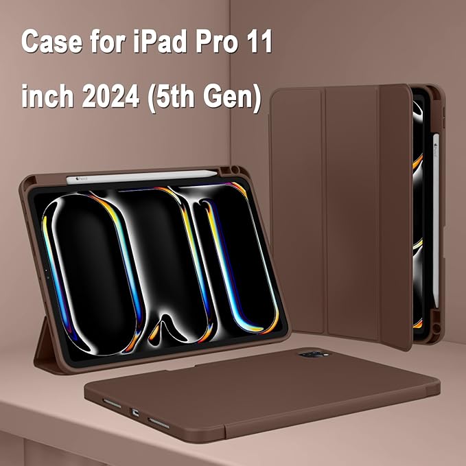 ZryXal iPad Pro 11 Inch Case (M5) 2025/ (M4) 2024 (Model: A2836/A2837/A3006) Trifold Stand Smart Cover with Pencil Holder and Soft TPU Back Auto Wake/Sleep (Chocolate)