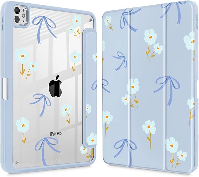 Mektron Case for M5/ M4 iPad Pro 11 inch 2025/2024 with Pencil Holder Compatible Models: A3357/A3358/A3359/A2836/A2837/A3006 Shockproof Cover Clear Shell Blue Bows &amp Flowers