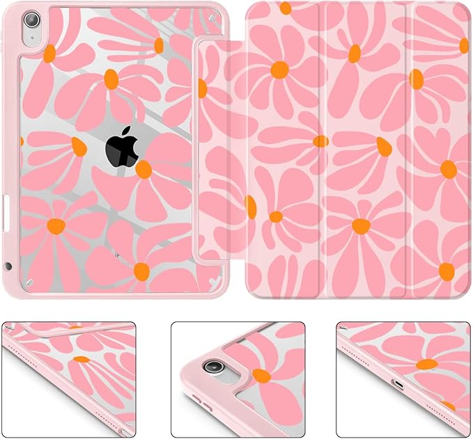 May Chen for iPad (A16) 11th Generation Case 11 Inch 2025 iPad 10th Gen Case 2022 10.9 inch Built-in Pencil Holder with Shockproof Cover Clear Transparent Back Shell Auto Wake/Sleep Groovy Flower