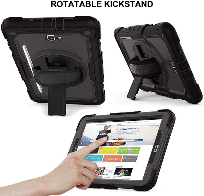 SZKMG Case for Samsung Galaxy Tab A 10.1 Black Cover SM-T580 T585 T587 2016 Release Tablet Shockproof Protective Case with Screen Protector Rotating Kickstand &amp Hand Strap A6 2018 10.1-inch