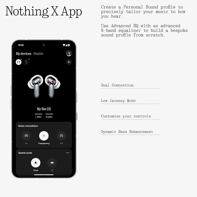 Nothing Ear (3) Wireless Earbuds Super Mic 45dB Hybrid Active Noise Cancelling Bluetooth Headphones Hi-Res 6 Mics 12mm Dynamic Bass Boost Dual Connect ANC Sport Ear Buds for iPhone Android Black