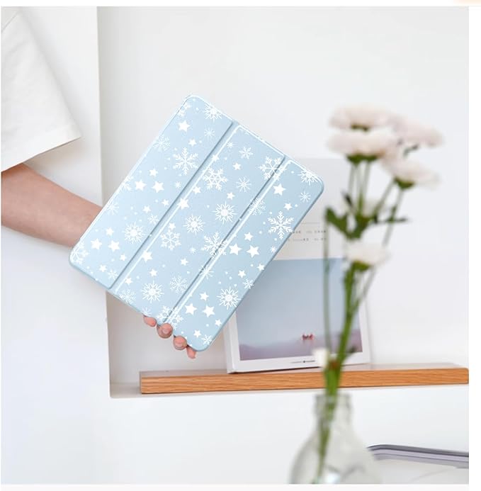 Cute Winter Snowflake for iPad mini 7 A17 Pro 2024/iPad Mini 6 Case with Pencil Holder Auto Sleep/Wake Blue Leather Clear Acrylic Back Cover