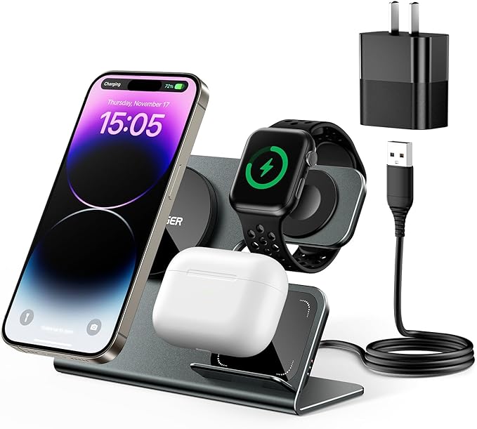 3 in 1 Aluminum Alloy Magnetic Wireless Charging Station Compatible with iPhone 16/15/14/13/12 Series ESSAGER 15W Wireless Charger Office Bedroom Table for Airpods 4/3/2/Pro iWatch with 20W Adapter