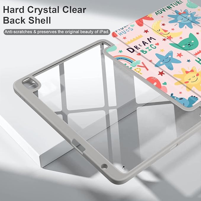 Batianda Hybrid Case for iPad Air 2022 (5th Generation M1 Chip) / iPad Air 4th 2020 10.9 inch [Built-in Pencil Holder] Shockproof Cover with Clear Back Shell TPU BumperHappy Day