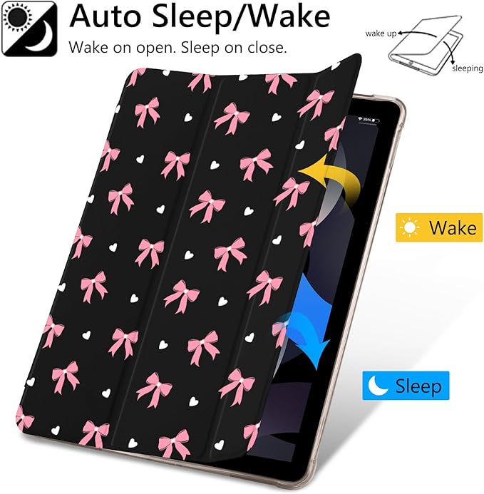 Cute Girly Pink Bowknot Pattern for iPad Mini6Protective CasePencil Holder &amp Clear Transparent Back &amp Trifold Cover Scratchproof Case(Model Number:A2567/A2568/A2569)