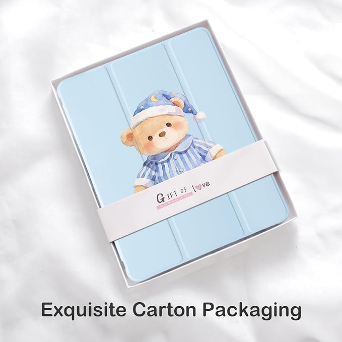 Cute Kawaii Bear for iPad 5th/6th Generation Case with Pencil Holder Auto Sleep/Wake Blue Leather Soft TPU Back Cover for iPad 9.7 Inch