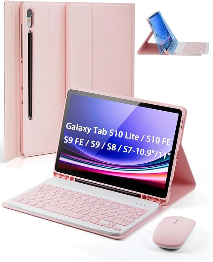 Case Keyboard for Samsung Galaxy Tab S10 Lite / S10 FE / S9 FE / S9 / S8 / S7 10.9/11 Built-in Pencil Holder with Mouse (Pink)
