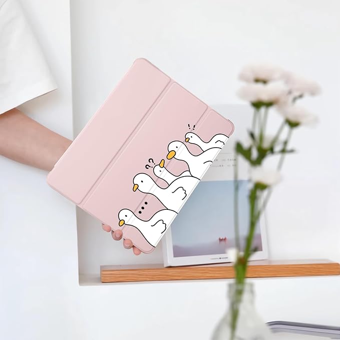 Cute Kawaii Duck for iPad Air 3 Case with Pencil Holder Auto Sleep/Wake Pink Leather Soft TPU Back Cover for iPad Pro 10.5 Inch 2017