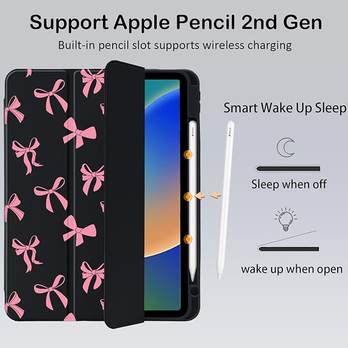 Cute Pink Bow for iPad Air 11 Inch Case 7th/6th Generation (M3/M2) 2025/2024 with Pencil Holder Auto Sleep/Wake Black Leather Clear Acrylic Back Cover