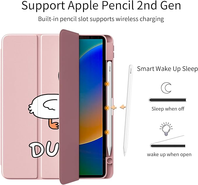 Cute Kawaii Duck for iPad Mini 6 Case with Pencil Holder Foldable Pink Leather Cover Case Support Auto Sleep Wake