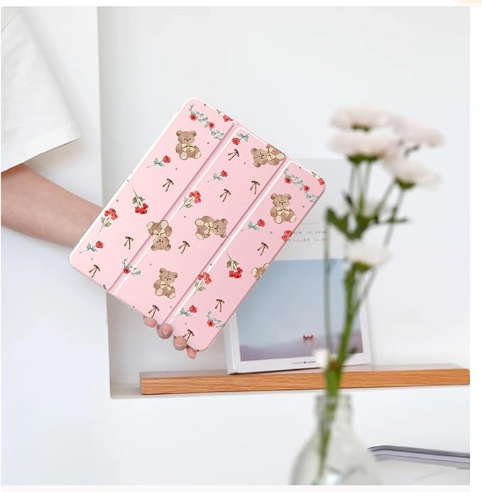 Cute Kawaii Bear Rose for iPad 7th/8th/9th Generation Case 10.2 Inch 2019/2020/2021 with Pencil Holder Auto Sleep/Wake Pink Leather Acrylic Back Cover
