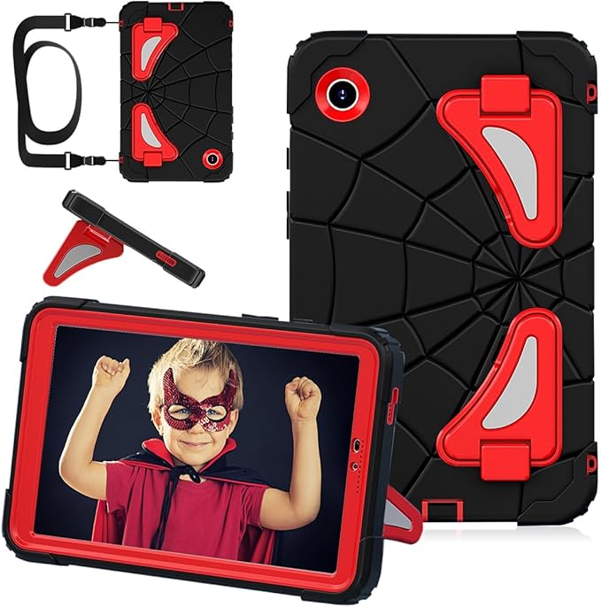 DreamerX for Samsung Galaxy Tab A9 Case 8.7 Inch 2023 (SM-X110/X115/X117) Heavy Duty Rugged Shockproof Silicone Cute Kawaii Protective Cover for Kids Boys w/Stand Carrying Shoulder Strap Black Red