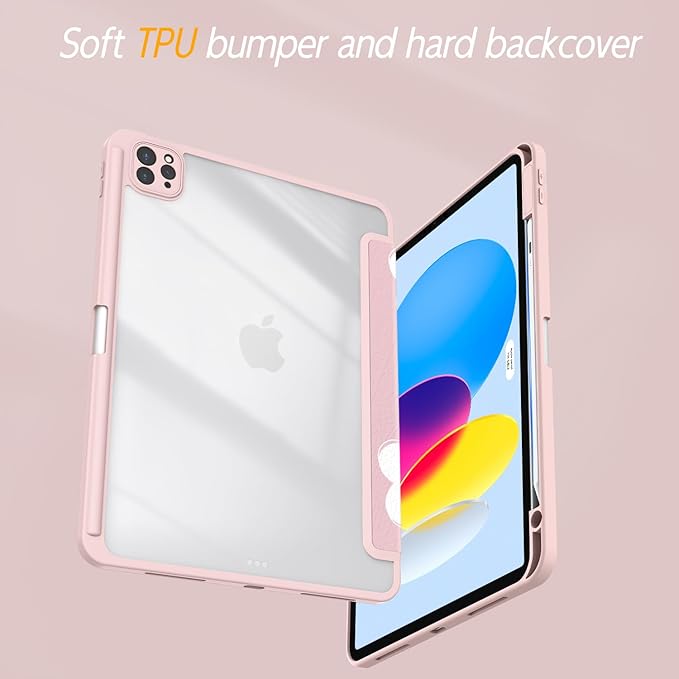 Case for iPad Air 13 Inch M3 2025/M2 2024 iPad Pro 12.9 inch 6th /5th /4th/ 3rd Generation (2022/2021/2020/2018) Case Cover with Pencil Holder/Clear Back Auto Sleep/Wake Pink White Flower