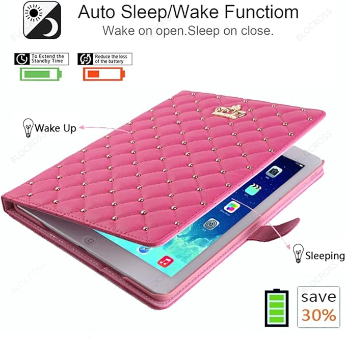 Cute Crown Case for iPad Air 3 10.5'' 2019/ iPad Pro 10.5'' 2017Pu Leather Rhinestones Elegant Smart Auto Sleep/Wake Stand Shockproof for Apple iPad 10.5'' Air 3/ iPad Pro 2017(Rose Red)