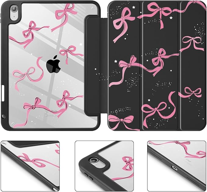 May Chen for iPad Air 11-inch M4/M3/M2 (2026/2025/2024) iPad Air 5th/4th 10.9 Inch - Shockproof Cover with Clear Back Shell &amp Penceil Holder Auto Wake/Sleep Stand Cover Black Bows