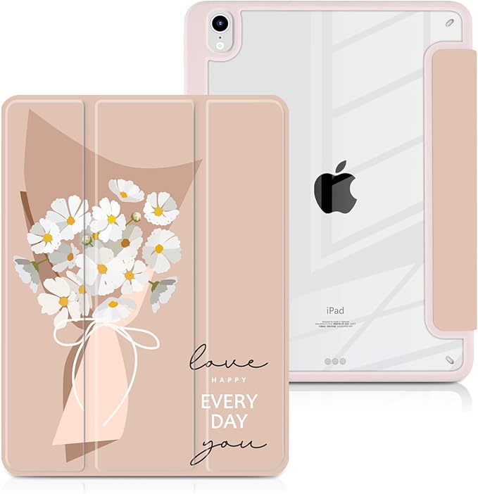 Batianda Hybrid Case for iPad Air 2022 (5th Generation M1 Chip) / iPad Air 4th 2020 10.9 inch [Built-in Pencil Holder] Shockproof Cover with Clear Transparent Back Shell TPU BumperBouquet