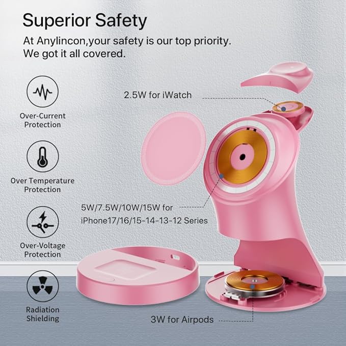 Wireless Charger3 in 1 Magnetic Wireless Charger Stand Fast Wireless Charging Dock for iPhone 17/16/15/14/13/12 Series Apple Watch Series AirPods Pro.