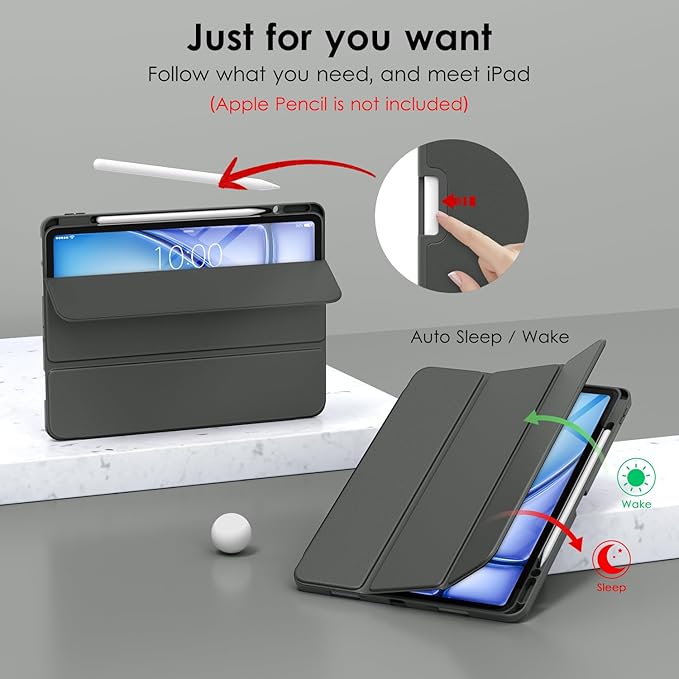 DTTO for iPad Air 13 Inch Case M4/M3/M2 2026/2025/2024 iPad Pro 12.9 Inch Case (6th/5th/4th/3rd Gen) Smart Slim Trifold Stand Soft Cover with Pencil Holder Dark Gray