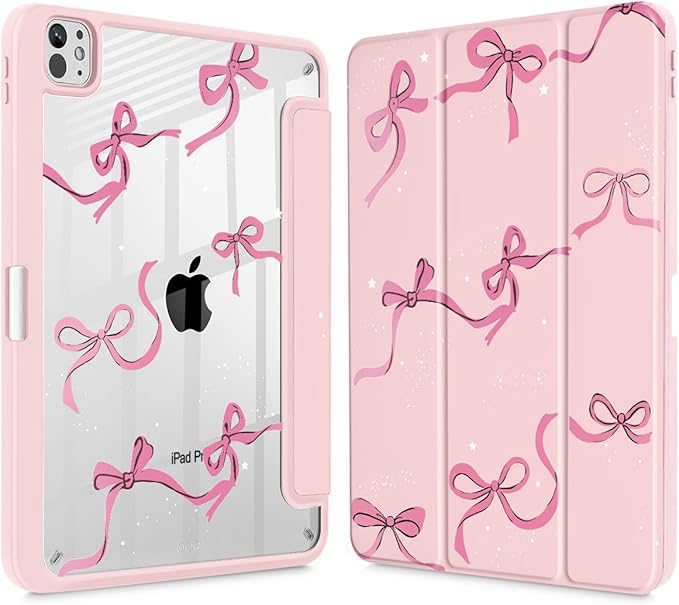 May Chen Case for iPad Pro 11-Inch M5/M4 2025/2024 (6th/5th Generation) Clear Transparent Print Back Shell Slim Stand Shockproof Tablet Cover Auto Wake/Sleep Pink Bows