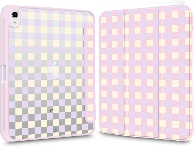 Cute Pink Case for 12.9 iPad Pro 6th/5th/4th/3rd Gen (2022/2021/2020/2018) Beige Lilac Grid Clear Hard Back Hybrid Casewith Pencil Holder Trifold Stand Slim Cover for Women