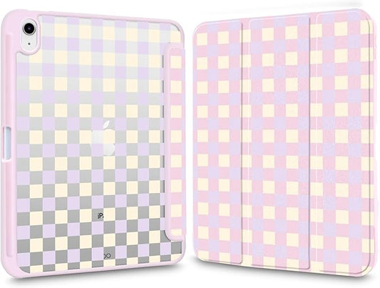 Cute Pink Case for 12.9 iPad Pro 6th/5th/4th/3rd Gen (2022/2021/2020/2018) Beige Lilac Grid Clear Hard Back Hybrid Casewith Pencil Holder Trifold Stand Slim Cover for Women