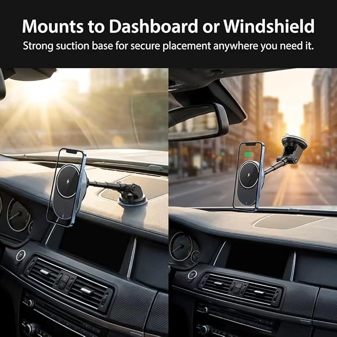 IJS Magnetic Wireless Car Charger with Built-in Retractable Cable – Extendable Windshield &amp Dashboard Phone Mount – 15W Magsafe Compatible – Fast Charging for iPhone 17/16/15/14/13/12 Samsung Pi