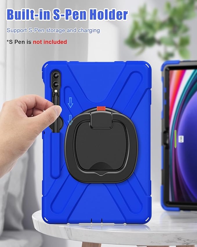 BRAECN Case for Galaxy Tab S10+/S9 FE+/S9+/S8+/S7 FE/S7+ 12.4 Inch SM-X820/X810/X800 Rugged Silicone Cover with Screen Protector Kickstand Shoulder Strap S Pen Holder for Galaxy Tab S9 Plus Blue