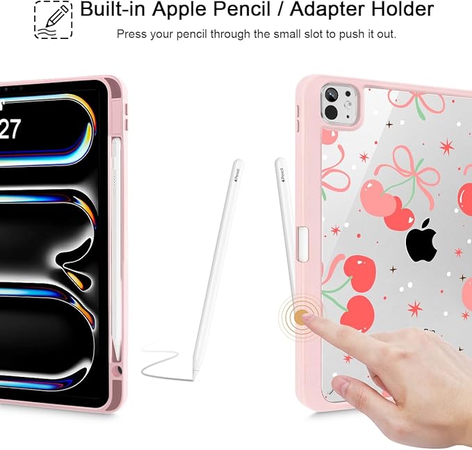 May Chen Case for iPad Pro 11-Inch M5/M4 2025/2024 (6th/5th Generation) [Penceil Holder] Trifold Stand Auto Wake/Sleep Clear TPU Protection Back Cover Coquette Cherry