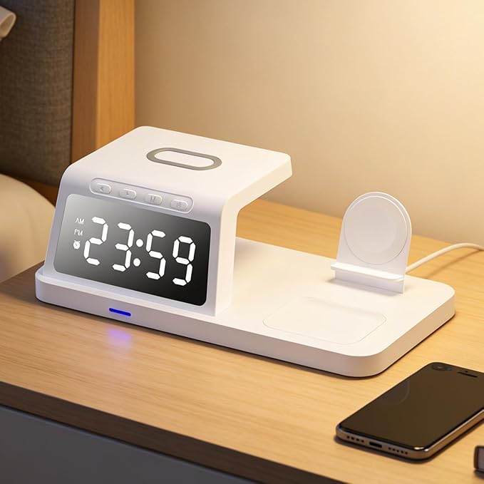 Wireless Charger Desktop Clock 18.8x9.2x5.5cm Digital Alarm Clocks Fast Charging Hub for Smartphones Durabled ABS Bedside Clock for Home Office Dorm