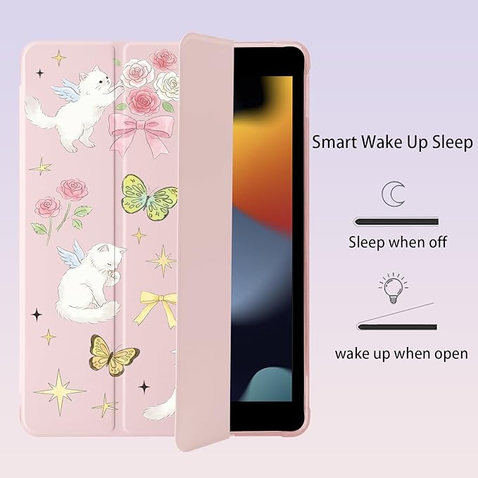 Cute Kawaii Kitten Butterfly for iPad Pro 11 Inch Case (M5/M4) 2025/2024 with Pencil Holder Auto Sleep/Wake Pink Leather Soft TPU Back Cover