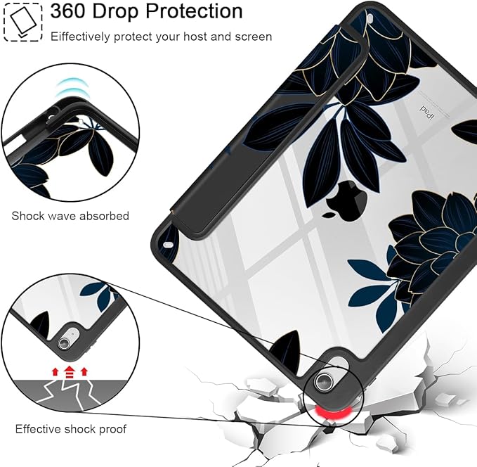 Case for iPad 11 inch A16 2025 Generation 11th / iPad 10.9 inch 2022 10th Gen Buit in Pencil Holder with Shockproof Cover Clear Transparent Back Shell Auto Wake/Sleep Flower Dahlia