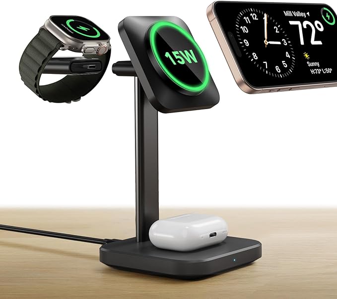 ESR for 3 in 1 Wireless Charging Station Certified Apple Watch Charger 15W MagSafe Charger Stand for iPhone Wireless Charger for Multiple Devices iPhone 17/16/15/14/13 Watch AirPods Black