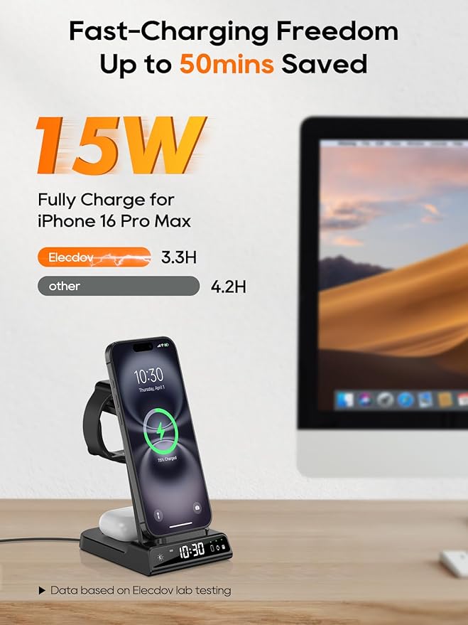 Wireless Charger for Apple Charging Station 3 in 1 Charging Station with Clock for iPhone 17/17 Pro/17 Pro Max/16/15 Series Watch Charger Stand for iWatch 10/9/8/AirPods (Adapter Included)