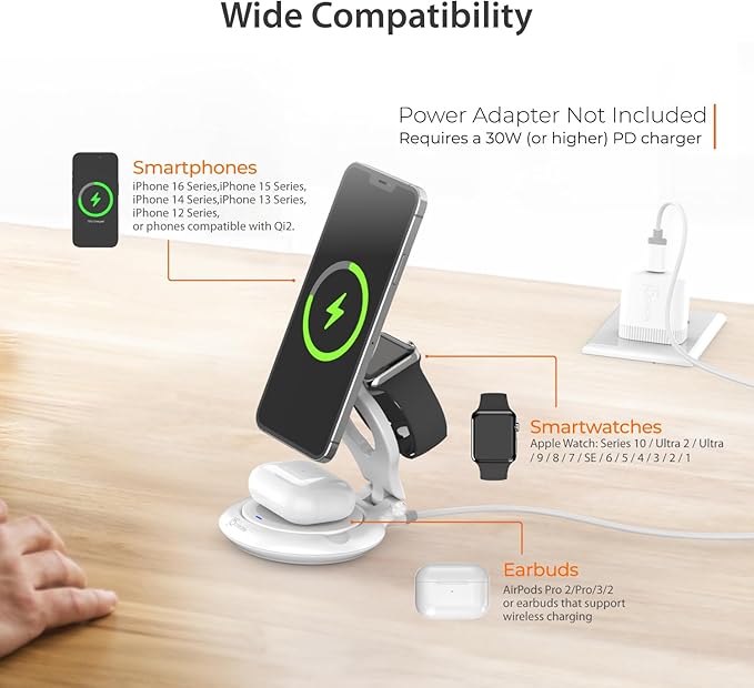 j5create Qi2 3-in-1 Magnetic Foldable Wireless Charging Station (JUPW3415)
