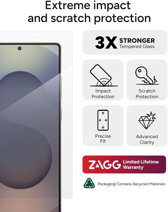 ZAGG Glass+ Samsung Galaxy S25 Ultra Screen Protector – Extreme Impact &amp Shatter Protection Scratch-Resistant Smudge-Resistant Fingerprint Scanner Compatible InvisibleShield Easy Installation