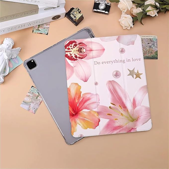 Pink Lilies and Hibiscus Flowers Case Compatible with IPad 9th 8th 7th Generation 10.9 Inch 2021/2019/2018Funny Cover with Trifold Stand + Pencil Holder for Boys GirlsiPad Air6 13inch 2024