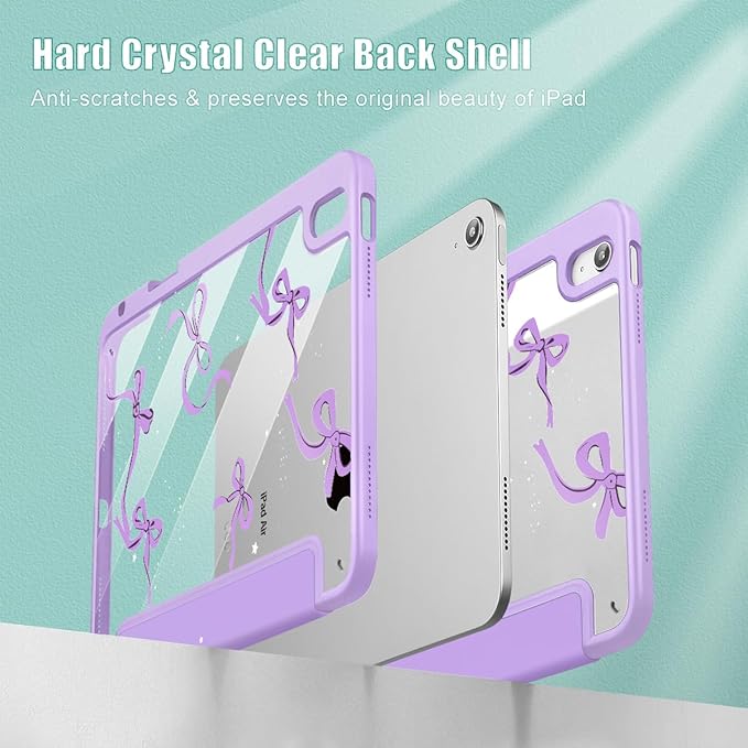 May Chen Case for iPad Air 13 Inch M4 2026 M3 2025 M2 2024 [Built-in Pencil Holder] Shockproof Cover with Clear Transparent Back Shell Auto Sleep/Wake Cover Purple Bows